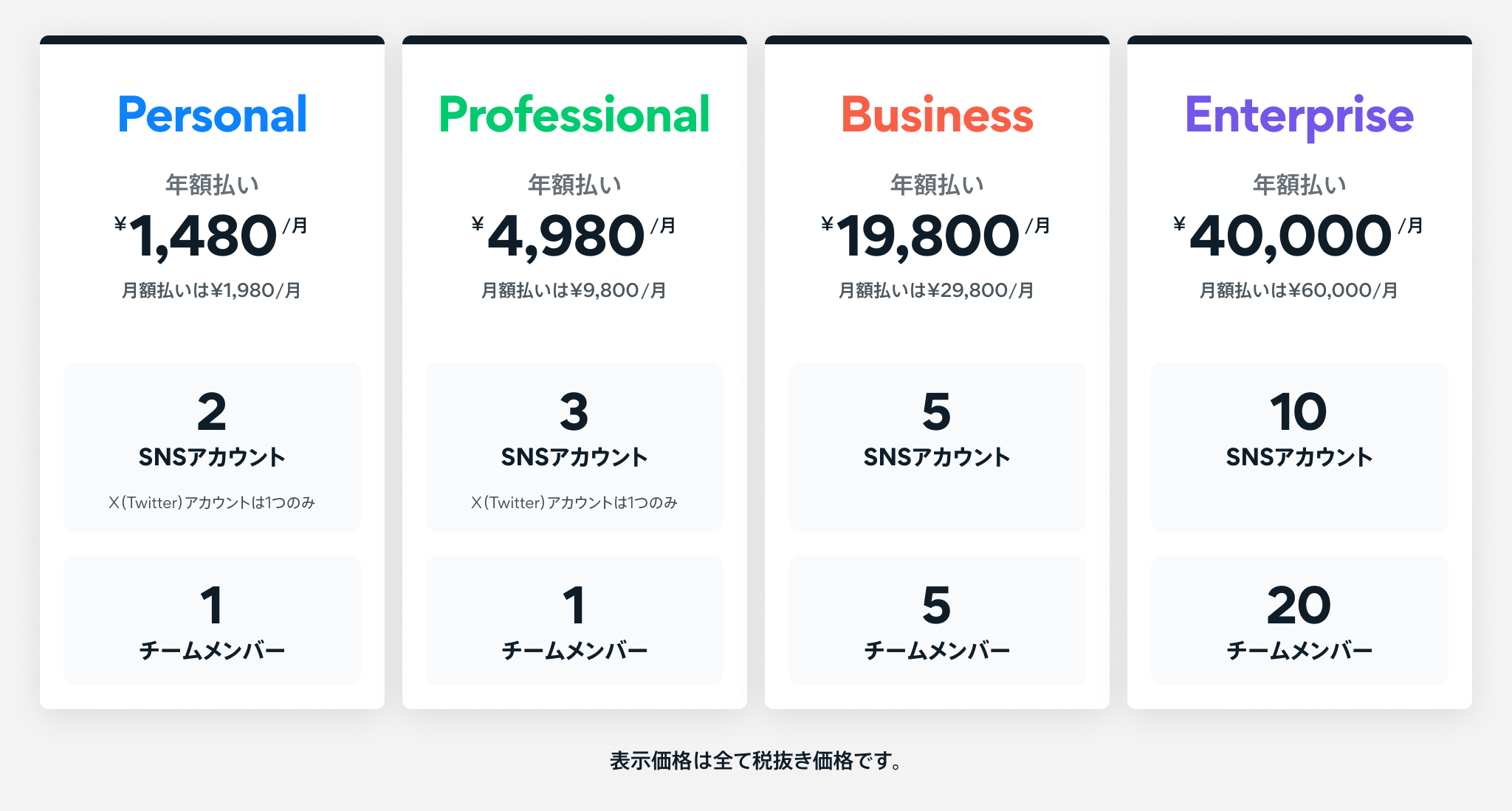 Pricing for Personal, Professional, Business, and Enterprise Plans.
